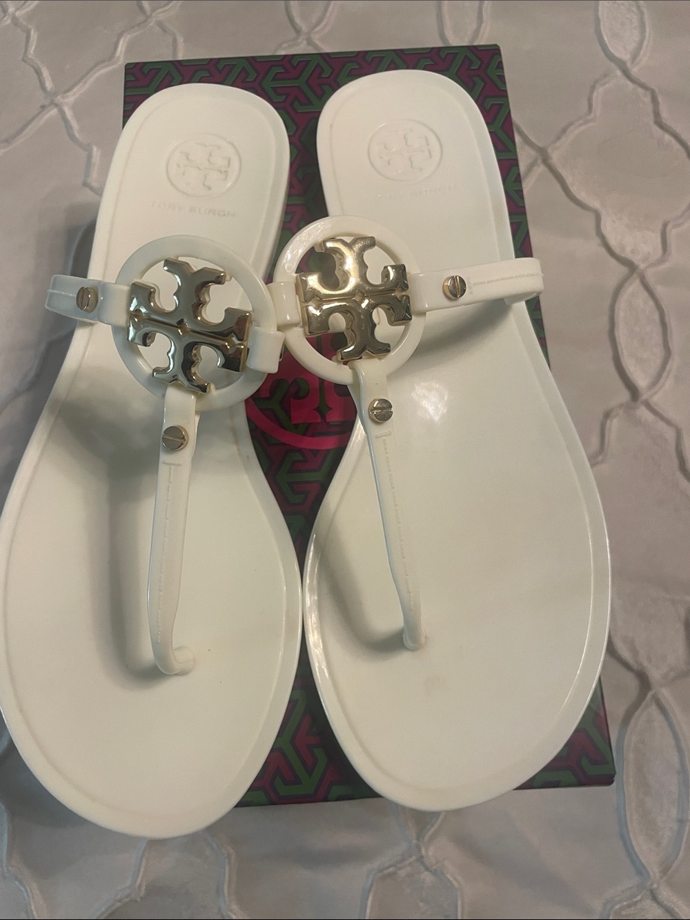 Tory Burch White Miller Jelly Thong Sandals with Gold Logo